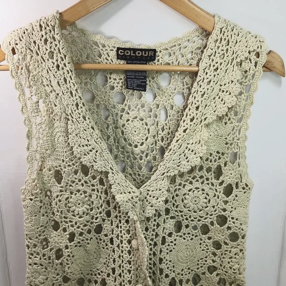 VTG Crochet Lace Ecru Beige Cream COLOUR EIGHTEEN Long Tunic Vest Mini Dress (M) - Picture 8 of 11